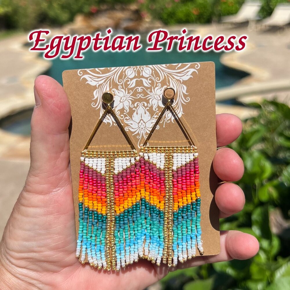 Handmade Beaded Egyptian Long Fringe Dangle Drop Lightweight Post Earrings